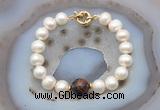 CFB1059 Hand-knotted 9mm - 10mm potato white freshwater pearl & mahogany obsidian bracelet