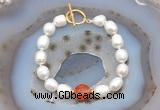 CFB921 Hand-knotted 9mm - 10mm rice white freshwater pearl & red banded agate bracelet