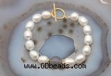 CFB964 Hand-knotted 9mm - 10mm rice white freshwater pearl & grey agate bracelet