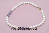 CFN332 9 - 10mm rice white freshwater pearl & amethyst necklace wholesale