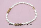 CFN356 9 - 10mm rice white freshwater pearl & wooden jasper necklace wholesale