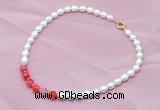 CFN406 9-10mm rice white freshwater pearl & red banded agate necklace