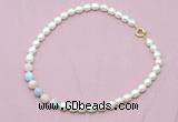 CFN415 9 - 10mm rice white freshwater pearl & morganite necklace