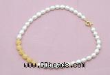 CFN442 9 - 10mm rice white freshwater pearl & honey jade necklace