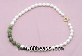 CFN448 9 - 10mm rice white freshwater pearl & China jade necklace
