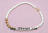 CFN455 9 - 10mm rice white freshwater pearl & picture jasper necklace
