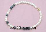 CFN539 9mm - 10mm potato white freshwater pearl & snowflake obsidian necklace