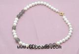 CFN543 9mm - 10mm potato white freshwater pearl & grey agate necklace