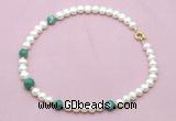 CFN732 9mm - 10mm potato white freshwater pearl & green banded agate necklace