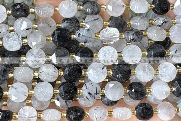 COIN231 15 inches 8mm faceted coin black rutilated quartz beads
