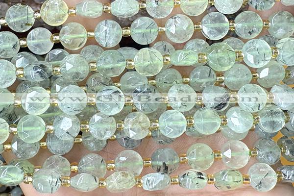 COIN233 15 inches 8mm faceted coin green rutilated quartz beads
