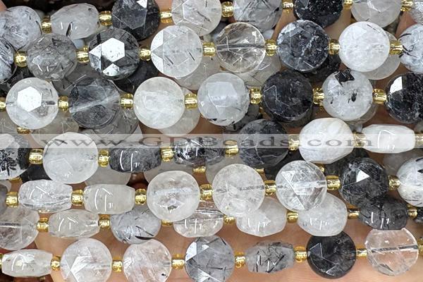 COIN279 15 inches 10mm faceted coin black rutilated quartz beads