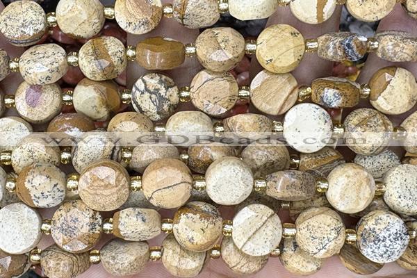 COIN286 15 inches 10mm faceted coin picture jasper beads
