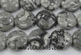 CPT164 15.5 inches 14mm flat round grey picture jasper beads