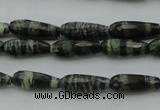 CTR10 15.5 inches 6*16mm faceted teardrop green silver line jasper beads