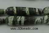 CTR53 15.5 inches 10*40mm faceted teardrop green silver line jasper beads