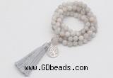 GMN2001 Knotted 8mm, 10mm matte white crazy agate 108 beads mala necklace with tassel & charm