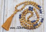 GMN6357 Knotted 8mm, 10mm golden tiger eye, lapis lazuli & matte white howlite 108 beads mala necklace with tassel