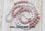 GMN6404 Hand-knotted 8mm, 10mm white howlite, pink jasper & rose quartz 108 beads mala necklaces