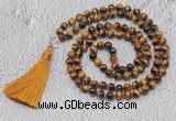 GMN739 Hand-knotted 8mm, 10mm yellow tiger eye 108 beads mala necklaces with tassel