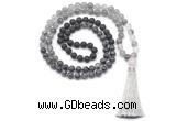 GMN8588 8mm, 10mm black lava, black labradorite & cloudy quartz 108 beads mala necklace with tassel